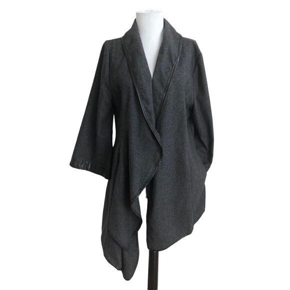 UMGEE leather trim wool Open Front Waterfall Asymmetrical Gray Jacket size M - Picture 1 of 10
